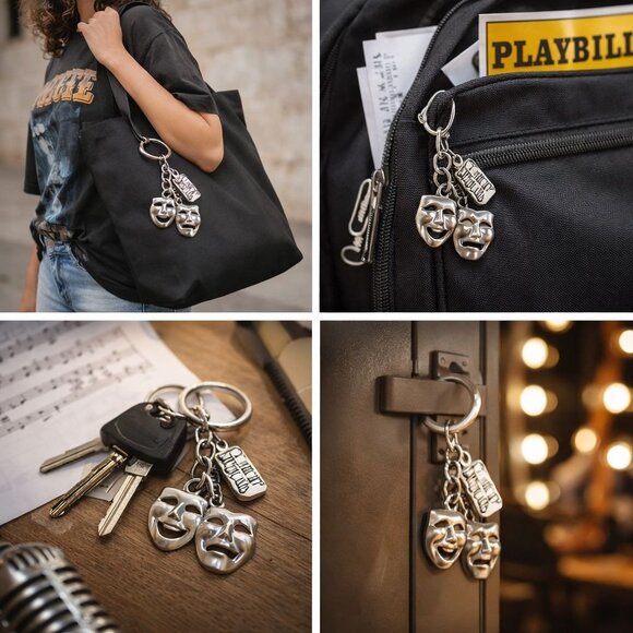 Theater Masks Keychain Bag Charm 3 Inch Silver Tone Drama Comedy Accessory - Picture 2 of 6